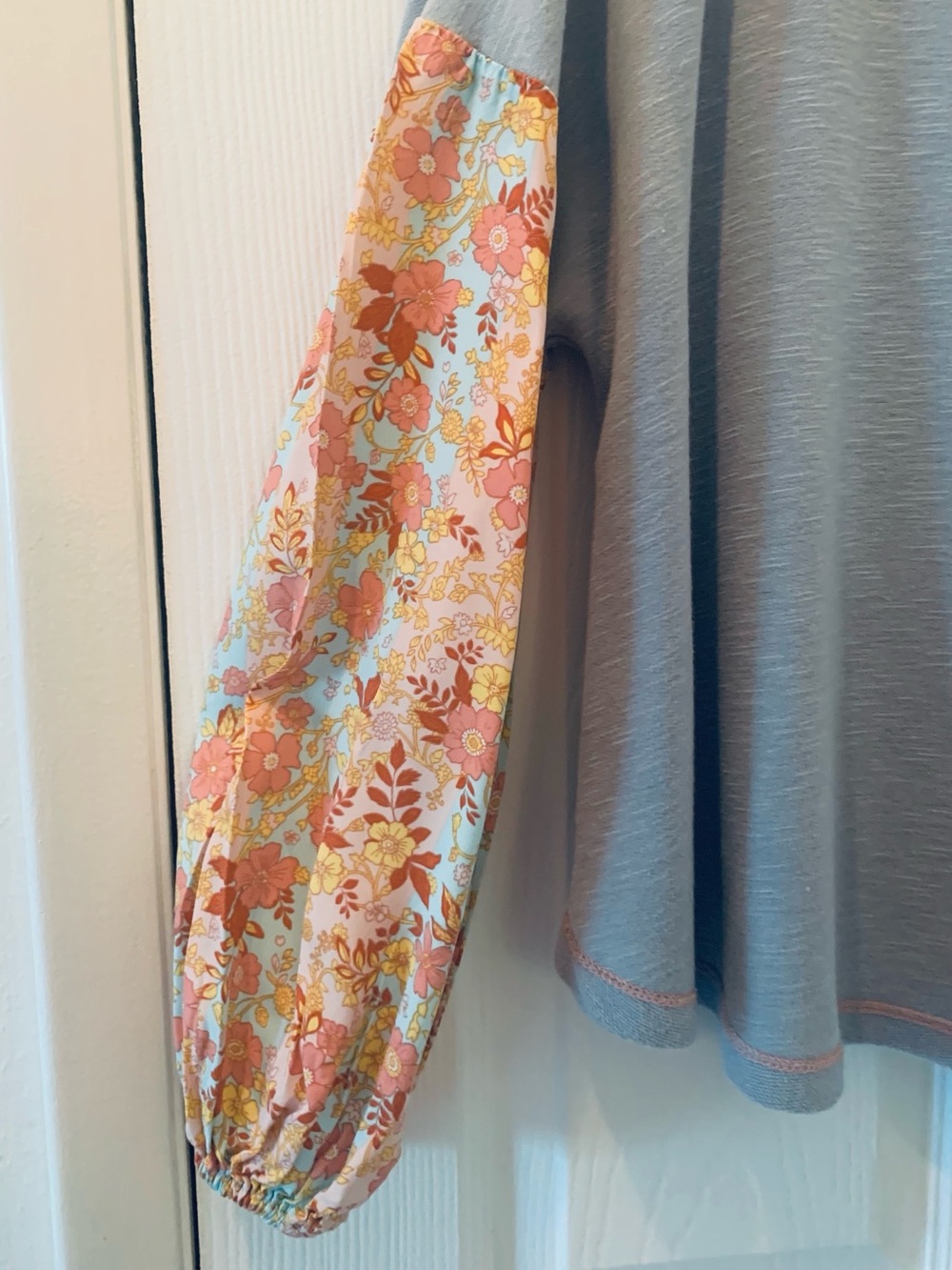 Oversized Light Blue Top with Floral Sleeves • Size Small - Picture 2 of 12